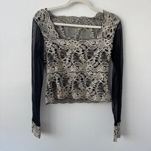 Vintage Kay Celine Black and Cream Mesh Long Sleeved Blouse